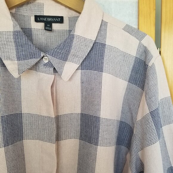 Lane Bryant Plaid Check Shirt Button Down Collared Long Sleeve Navy Tan Size 22 - Picture 5 of 9